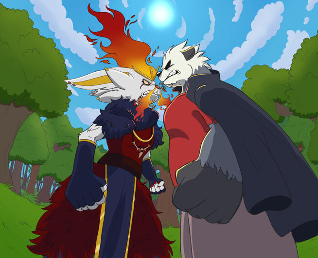 A unique angle for this one. Two Pokémon characters preparing for a fight.