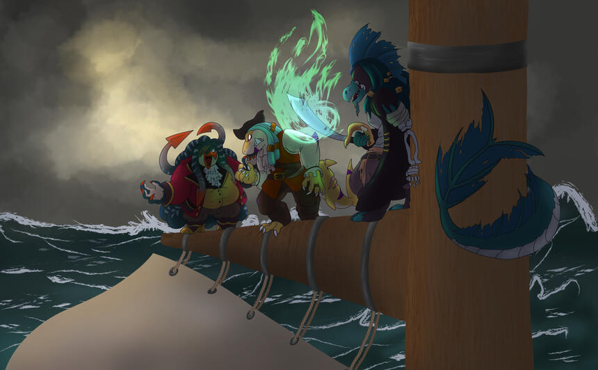 Landscape illustration of my original character with characters that belong to Licorictus and ShinyApocrypha on art fight